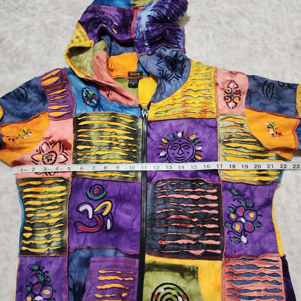 Rising International Hoodie XL Tie Dye Patchwork Sun Celestial Hippie Artsy Boho - Picture 8 of 12